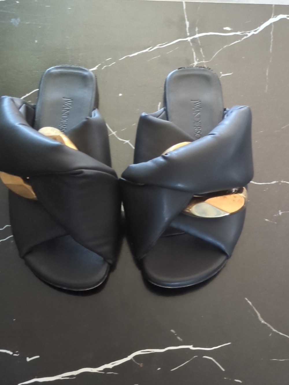 JW Anderson Black Leather Slide Sandals with Gold Accent
